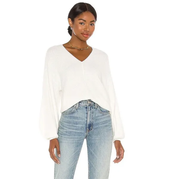 Revolve 1 State Balloon Sleeve V-neck Ribbed White Sweater W2264 Sz XL - Image 9
