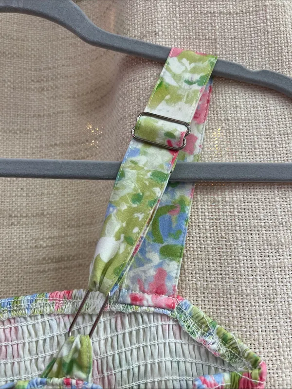 Floral Smocked Tiered Midi Dress Pink Blue Green Print Large - Image 14