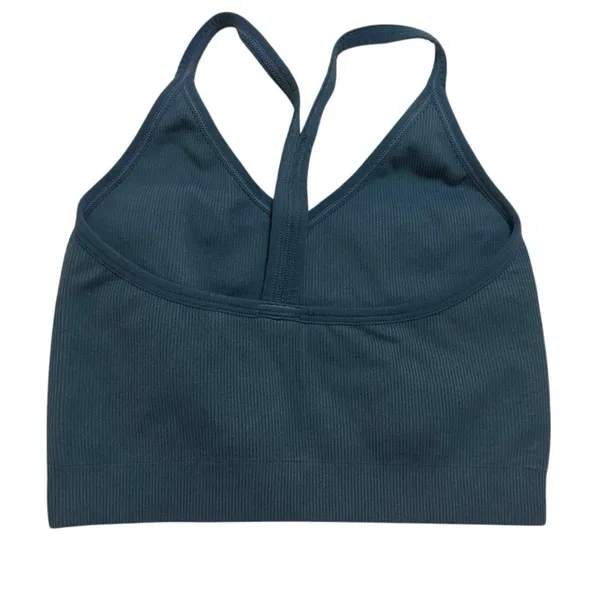 SET Active SCULPTFLEX Ribbed V Bra Model Off Duty Pilates Gym Top Teal Blue XS/S - Image 2