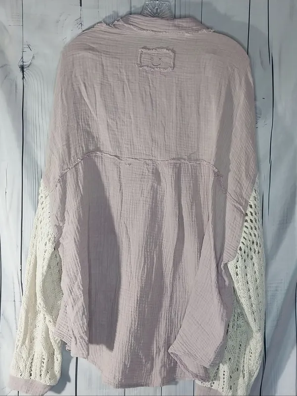 POL Mauve Button-Front Boho Slouchy Festival Top With Crochet Sleeves - Image 8