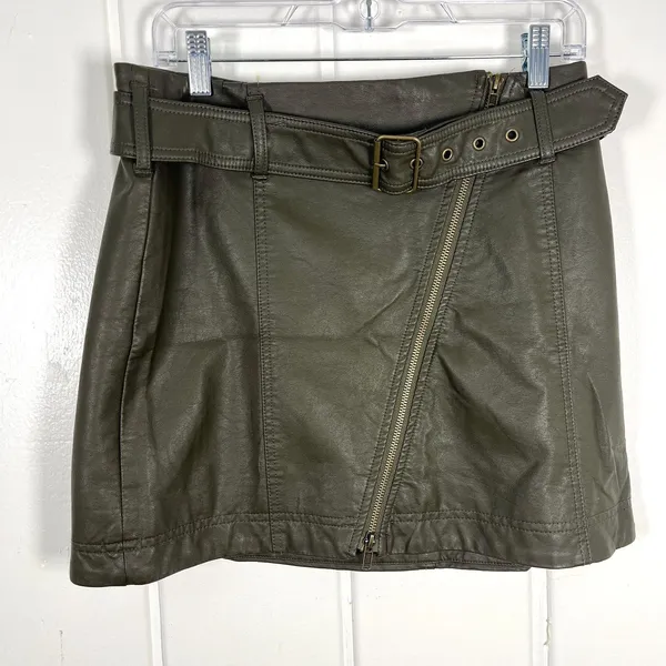 Free People Vegan Leather Moto Mini Skirt Y2K Boho Edgy Rocker Olive - Image 2