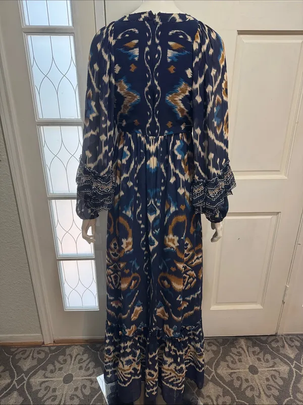 FARM Rio Pineapple Blue Ikat Maxi Dress Boho Long Sleeve Altered Length Small - Image 10