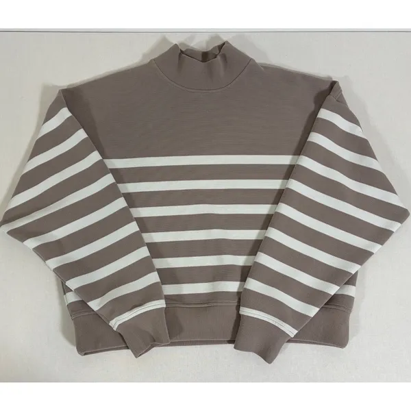 CALIA Womens M Taupe White Striped Mock Neck Cropped Pullover Sweatshirt - Image 3