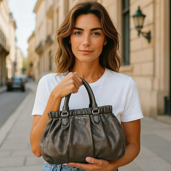 Miu Miu Grey Glaze Leather Gathered Tote Shopping Tote with Detachable Straps - Image 3
