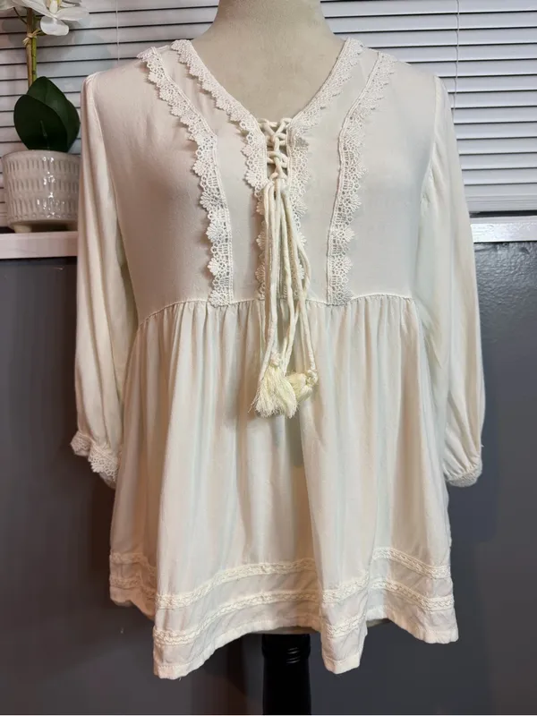 Janasya Ivory Lace Up Babydoll Top Medium Boho Crochet Trim Peasant Blouse - Image 4