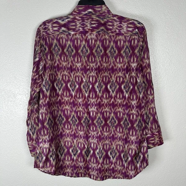 LAUREN Ralph Lauren‎ Womens Medium Silk Cotton Button Up Shirt Purple Ikat Print - Image 5