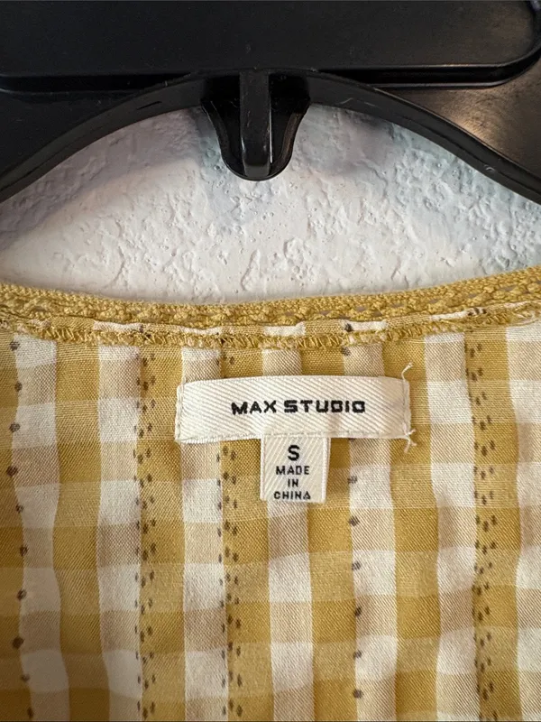 Max Studio Mustard Yellow Gingham V-Neck Tiered Dress with drawstring waist S - Image 2