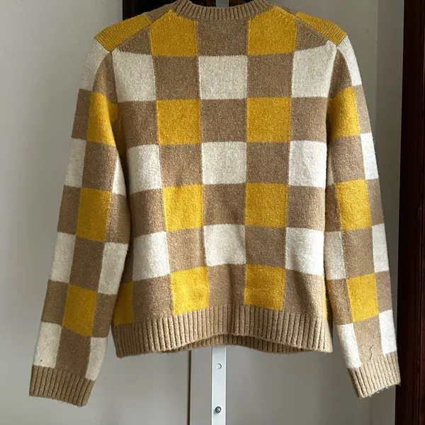 Tory Burch T6465 Intarsia Check Sweater Yellow Camel Ivory Size M - Image 6