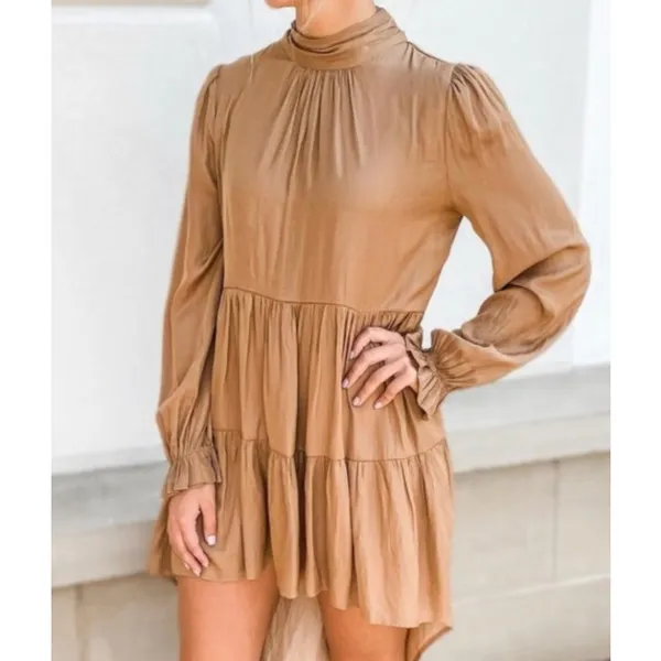 Mustard Seed Dress XS Tan High Low Tiered Boho Long Sleeve Mini - Image 9