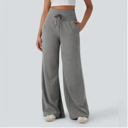 Halara Ribbed SoCinched High Waisted Tummy Control Drawstring Wide Leg Pant S Re - Image 2
