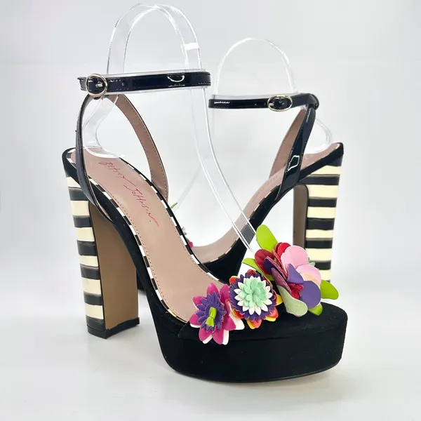 Betsey Johnson Carra Platform Heels Size 9 Black Floral Striped Cocktail Sandals - Image 7