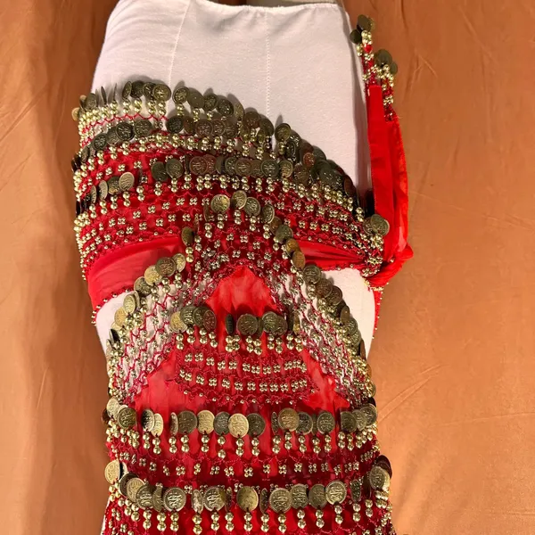 Belly Dance Costume Size M-L Red Golden Coins Halter Top & Hip Scarf - Image 9