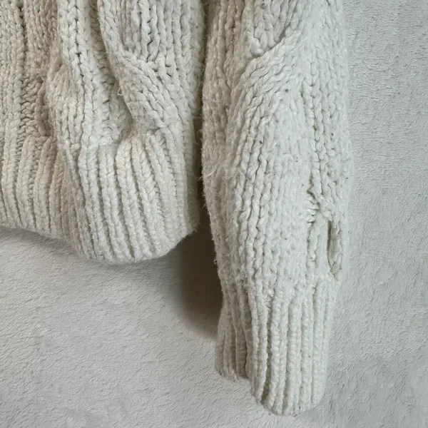 Aerie Cream White Cable Knit Sweater Chunky Cotton Blend Crew Neck Small - Image 6