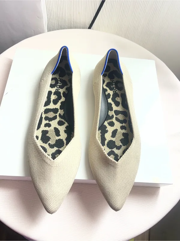Rothy's Beige Pointed Knit Flats with Royal Blue Piping - Image 5