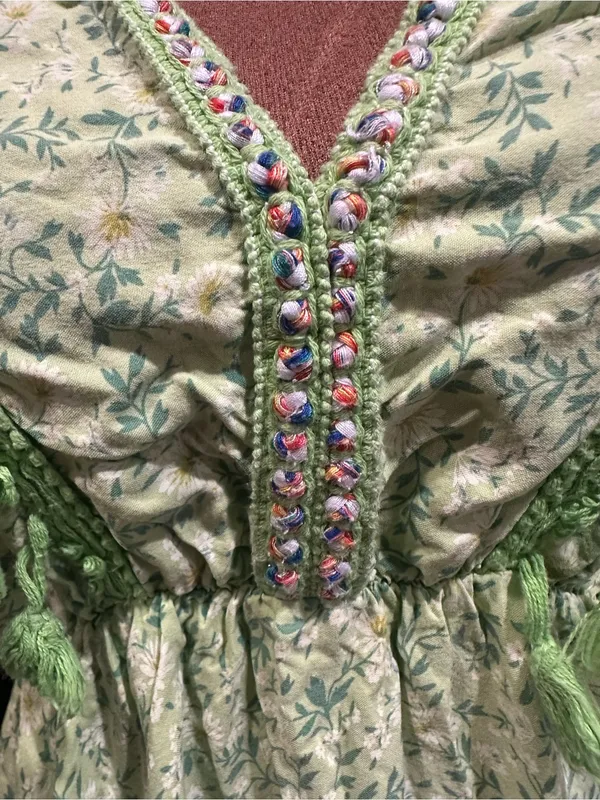 Three Stars Boho Embroidered Fringe Mini Dress – Bright Green Floral – Size S/M - Image 3