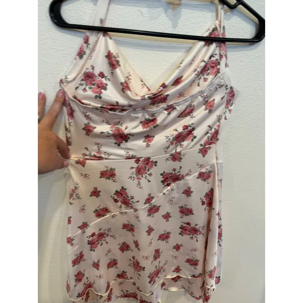 Floral Satin Halter Mini Dress Pink Rose Print Cowl Neck Fit & Flare Cottagecore - Image 4