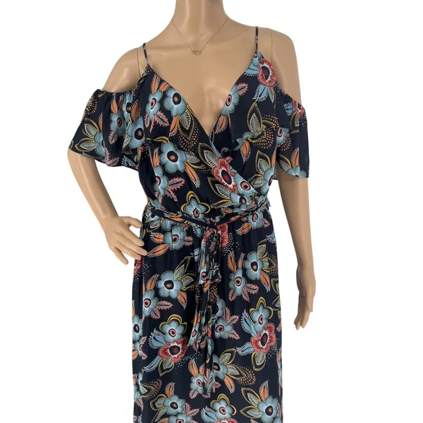 Ann Taylor Loft Floral Cold Shoulder Maxi Dress Navy Blue‎ Large Wrap Tie Waist - Image 5