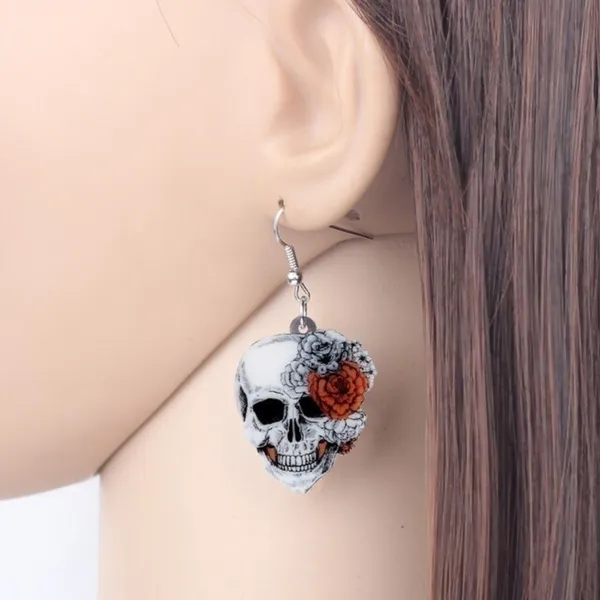 Skull Rose Flower Earrings Gray - Image 2