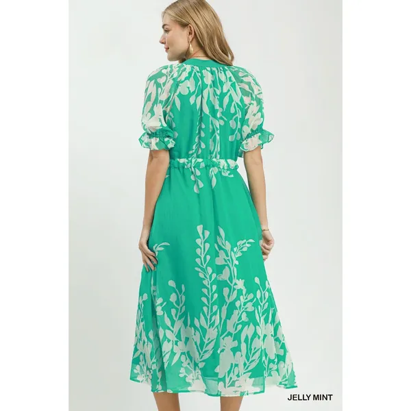 Umgee Floral Print Tie Waist Midi Dress with Side Pockets - Jelly Mint - Medium - Image 3