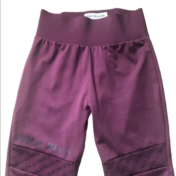 True Religion Monogram Yoga Leggings Knit Mesh High Waisted Burgundy Size S - Image 4