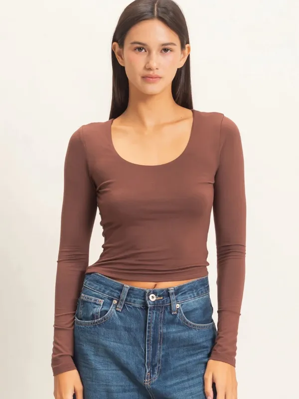 NEW 🤎 Double Zero Chocolate Brown Scoop Neck Long Sleeve Tee – Medium - Image 2