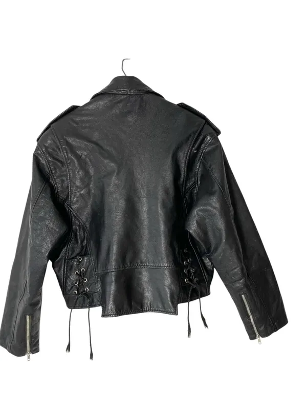 VINTAGE SARAH Black Leather Moto Jacket Size L - Image 8