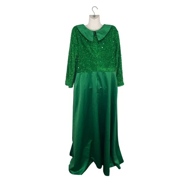 Emerald Green Sequined Formal Gown Dress Wide Collar A-Line Maxi Wicket Costume - Image 2