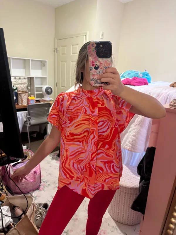 THML Vibrant Swirl Print Short Sleeve Top in Red & Pink - Image 2