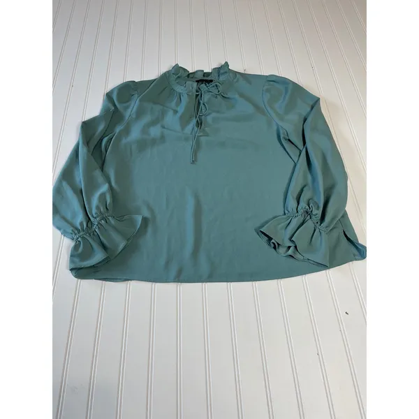 J.Crew Teal Green Ruffle Neck Tie Blouse Smocked Cuff Long Sleeve Top Size L - Image 2
