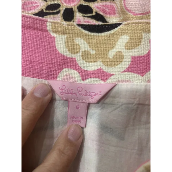 LILLY PULITZER Skirt Sz 6 Pink Tan Black Medallion Print Lined Zip Preppy Beach - Image 4