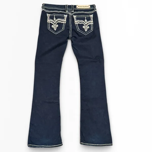 Rock Revival Janelle Bootcut‎ Jeans Dark Wash Low Rise Flap Pockets Bling SZ 28 - Image 2