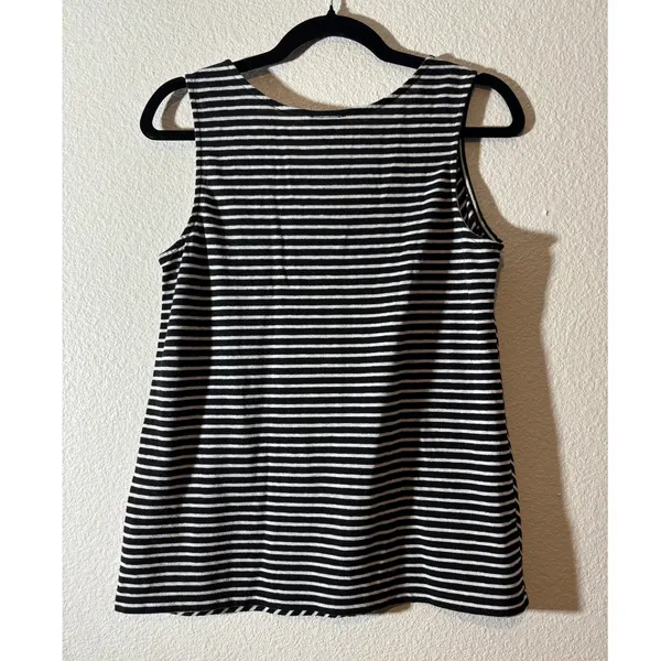 Talbots Size M Black White Diagonal Stripes Linen Blend Sleeveless V-Neck Top - Image 2