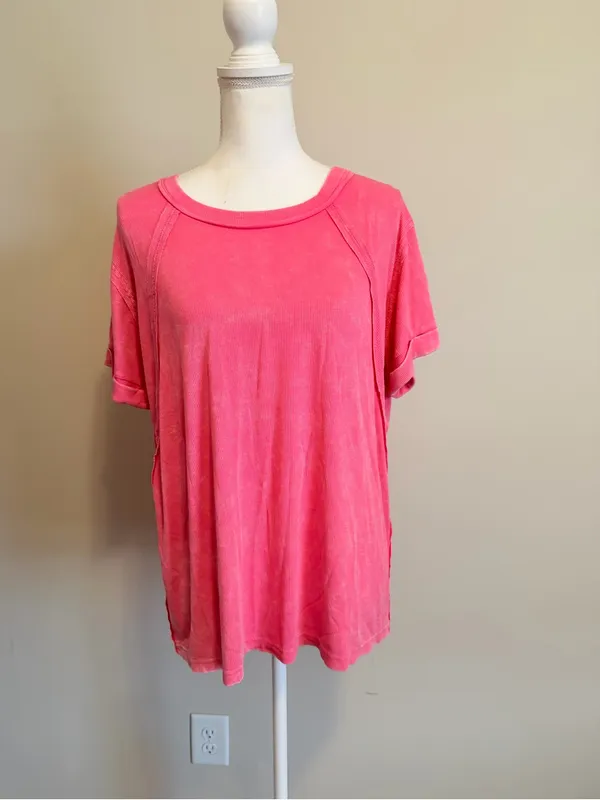 Zenana relaxed fit oversized ribbed short sleeve flowy top size s/m hot pink NIB - Image 4