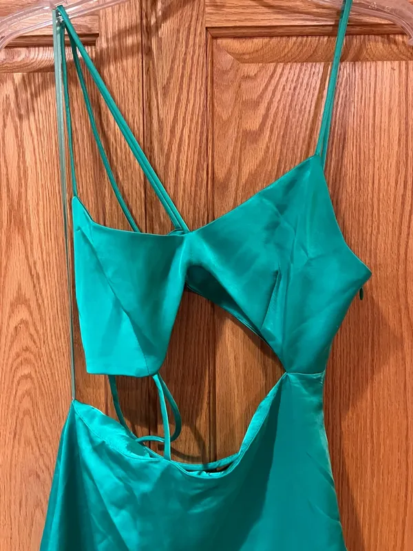 ZARA Asymmetric Cut Out‎ Satin Effect Midi Dress Side Slit Emerald Green Size XS - Image 13