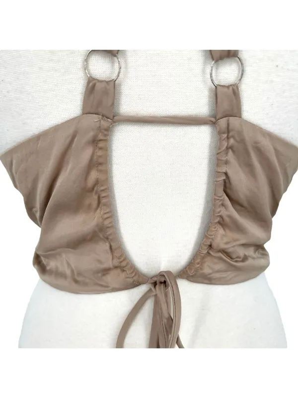 ASTR The Label Clubwear Festival Boho Strappy Halter Crop Top Beige Size Large - Image 6