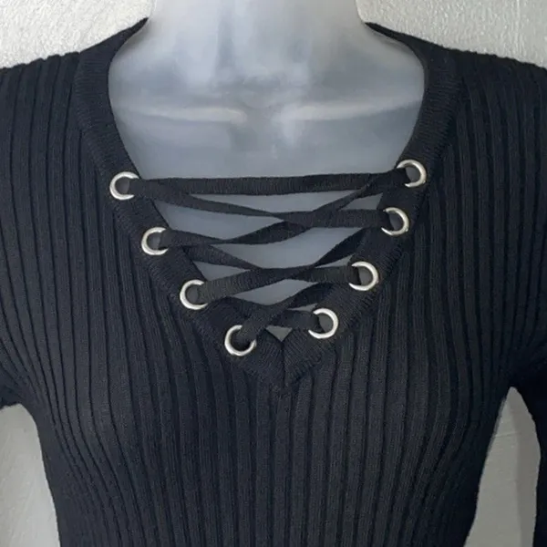 MAZE Lace Up Sweater Size Medium Black Ribbed Knit Office Siren Dark Romantic - Image 3