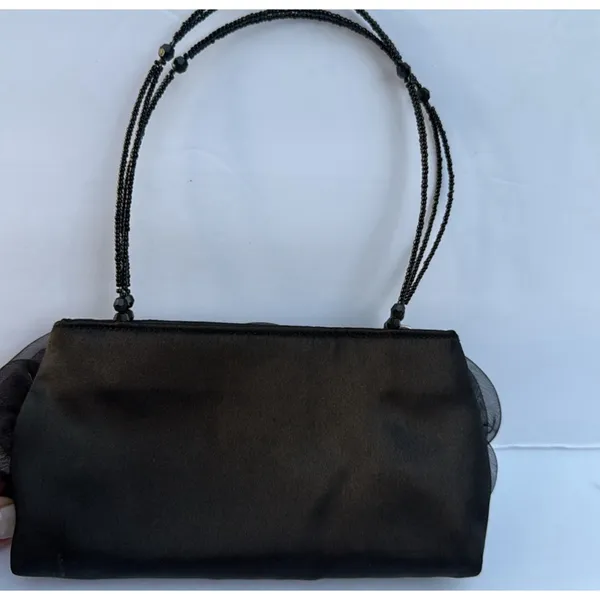 Vintage Handbag Black Rayon with Beaded Handle and Rose Detail - Image 3