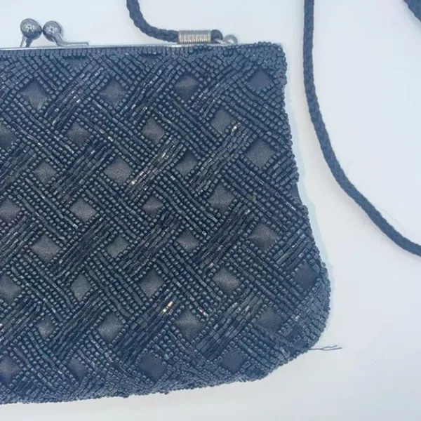 Handmade Silk Black Beaded Embellished Clasp Shoulder Evening Bag Women's Purse - Image 6