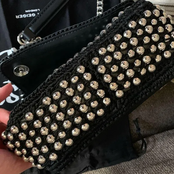 Authentic KURT GEIGER LONDON SILVERSTONE STUDS CROCHETED/LEATHER FLAP CROSSBODY - Image 13