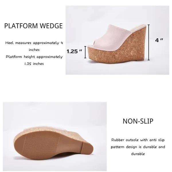 LAICIGO Wedge Platform Slide on Sandals Open Toe Cork Faux Suede Womens 9.5 New - Image 4