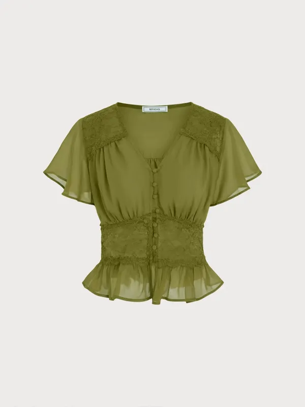 Rihoas Green V Neck Ruched Blouse - Image 6