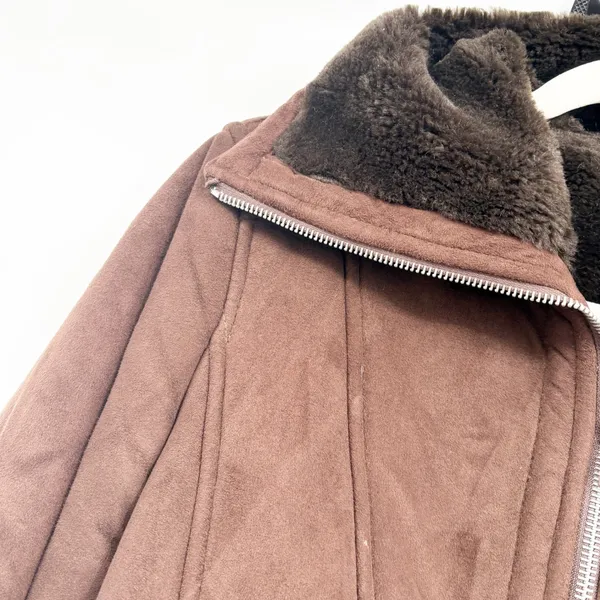 Sisley Womens Brown Faux Suede Fur Lined Aviator Cabin Rustic Jacket Size 42 - Image 3