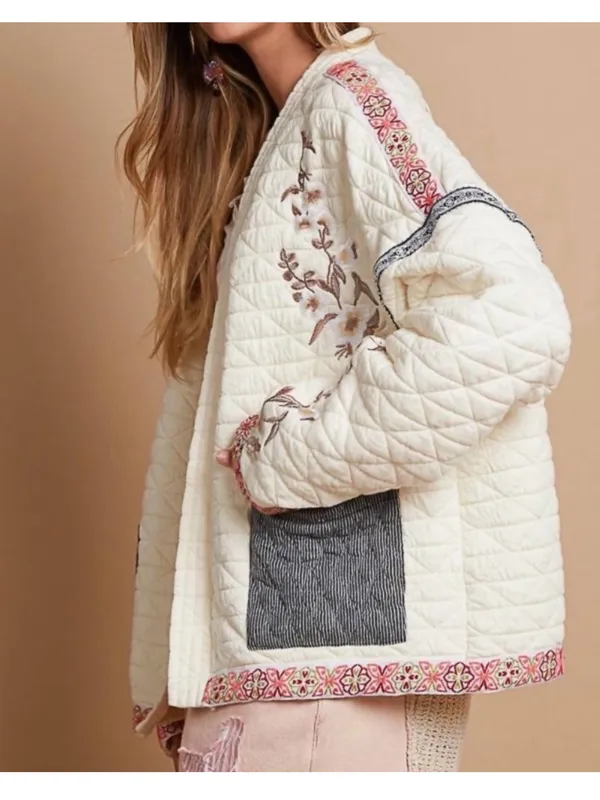 POL Cream Quilted Embroidered Jacket in Ivory Like New Bohemian Sz L - Image 4