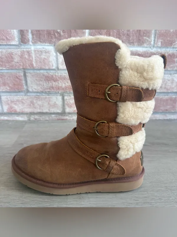 UGG Becket Tall Shearling Boots Winter Women’s 6 Chestnut Leather Buckle Snow - Image 5