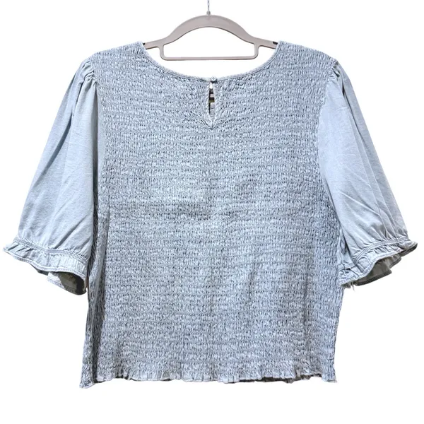 Mauby Womens Smocked Puff‎ Sleeve Blouse Blue Chambray Casual Shirt Top 1X - Image 3