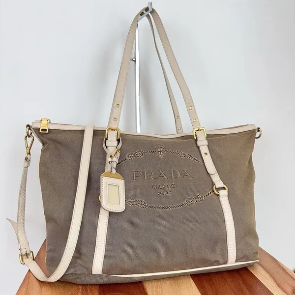 Pre-Owned Prada Beige/Brown Jacquard Logo Canvas‎ And Leather Top Handle - Image 2