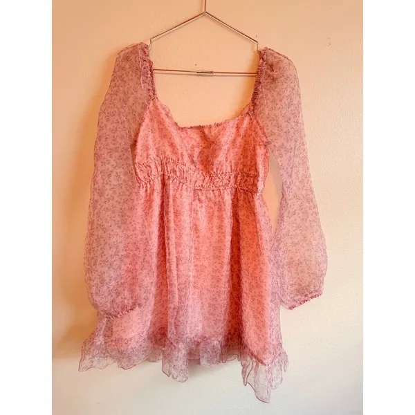 All in‎ Favor Mini Dress Women Medium Pink Pink Mauve Floral Sheer Puff Sleeve - Image 7