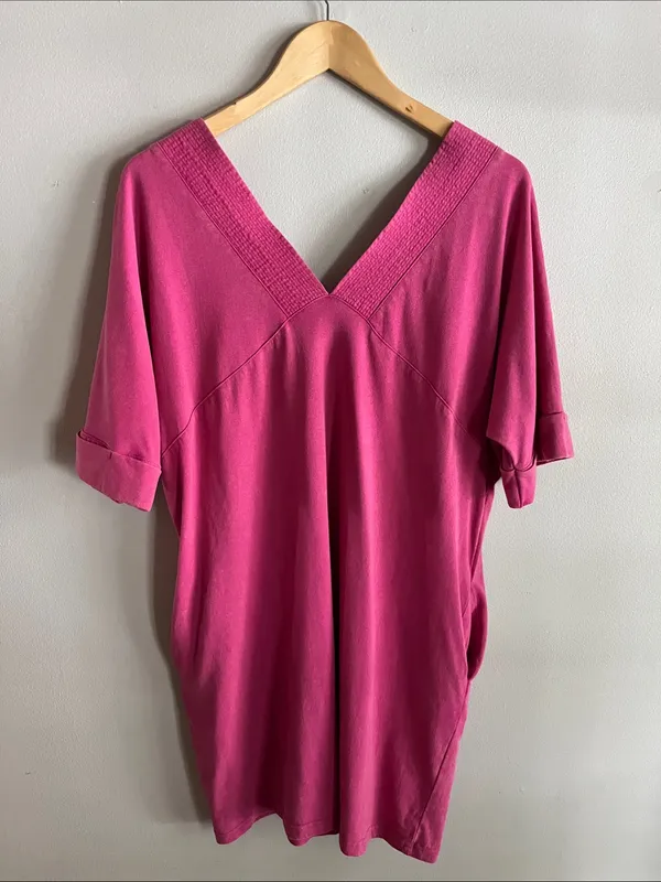 New In Fuchsia Pink V Neck Pocket Tunic Dress Oversized Relaxed Medium - Image 6