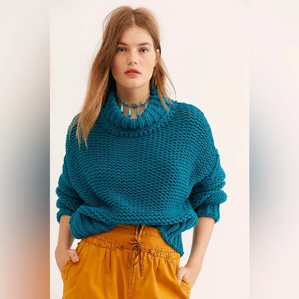 NWOT Free People My Only Sunshine Sweater Chunky Knit In Teal - Image 3
