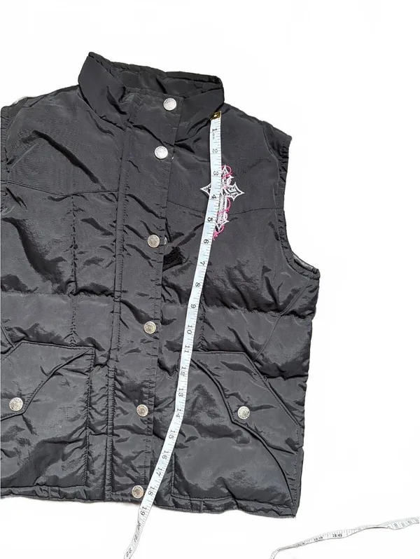 Y2K Cowgirl Hardware Black Puffer Vest Medium Rhinestone Cross Western Goth - Image 3